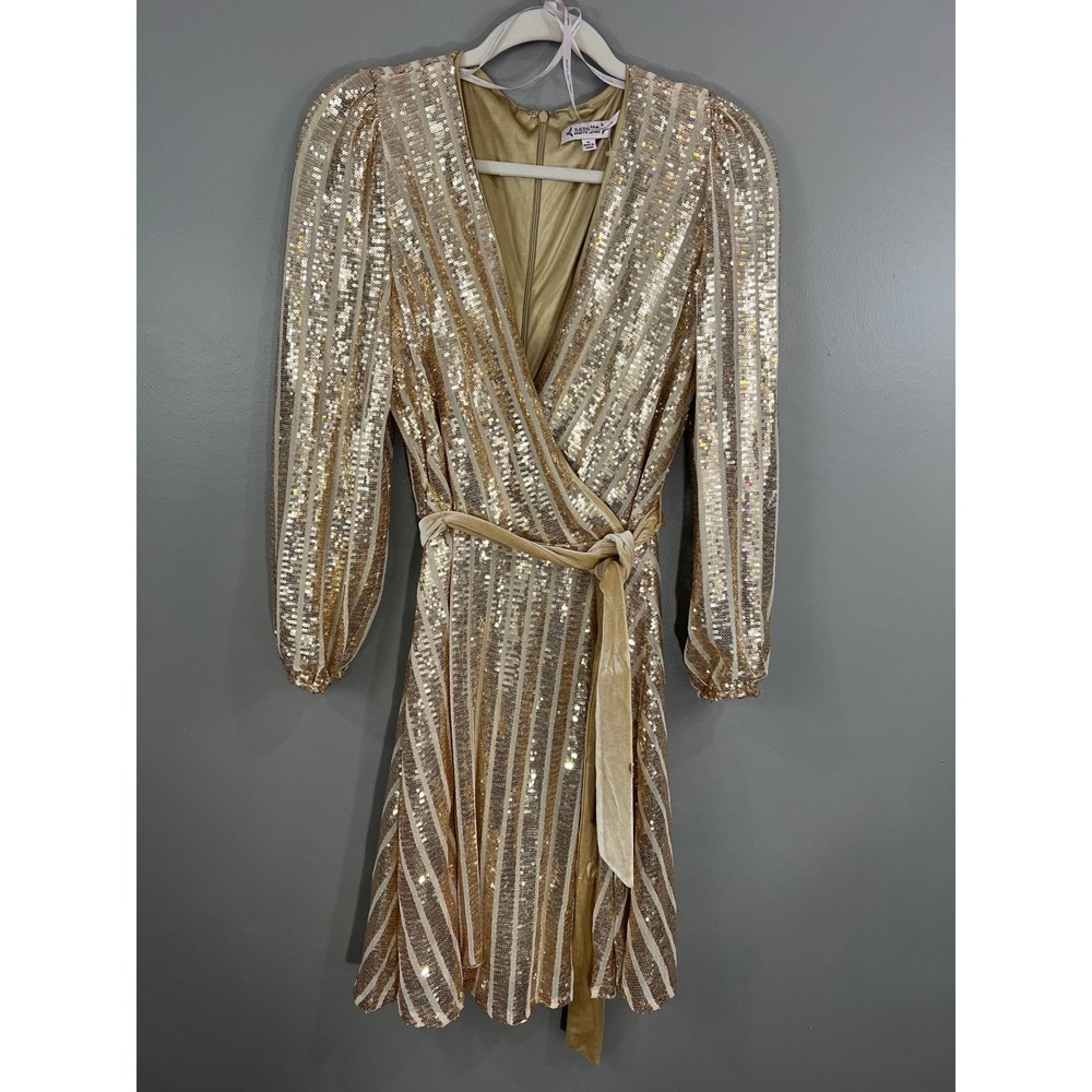 Nanette Lepore Sequin Wrap Dress Women Size 8 Gold Great Long Sleeve Velvet Belt